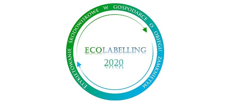 Grafika przedstawia logo projektu Ecolabelling: w środku znajduje się napis "Ecolabelling 2020", wokół niego na obwodzie koła znajdują się dwie strzałki - zielona i niebieska oraz napis: „etykietowanie środowiskowe w gospodarce o obiegu zamkniętym".