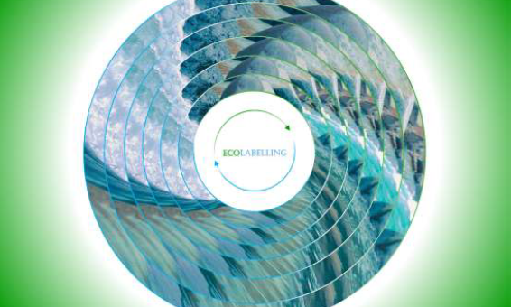 The graphic depicts the theme from the front cover of the Ecolabelling project manual, showing an abstraction with the project logo in the middle.
