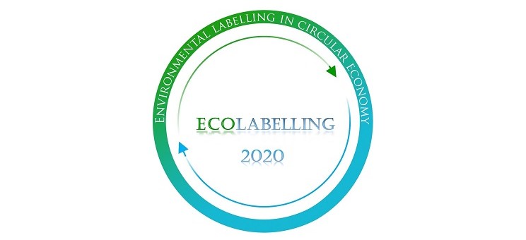 The graphic shows the logo of the Ecolabelling project: in the center is the word “Ecolabelling 2020”, around it on the perimeter of the circle are two arrows - green and blue, as well as the caption: “environmental labelling in a circular economy”.