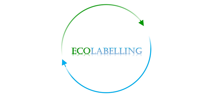 The graphic shows the logo of the Ecolabelling project: in the center is the word “Ecolabelling”, and around it on the perimeter of the circle are two arrows - green and blue.