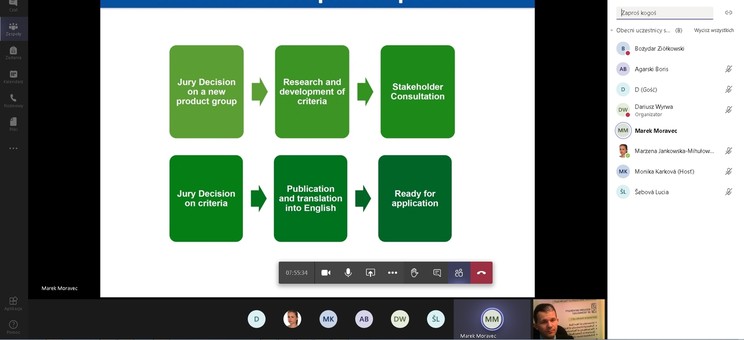 The photo shows a screenshot from the MS Teams platform during a pilot course environmental labeling in circular economy.